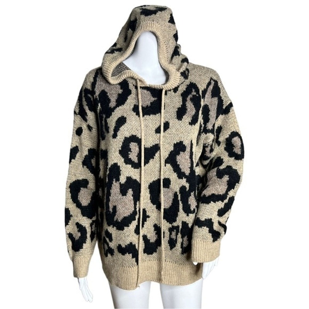 Talulah Sweater Women Small Hooded Brown Black Cheetah Print Leopard Print Fuzzy